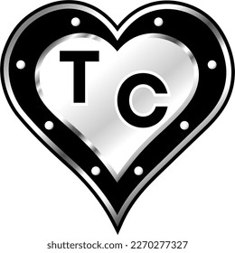 Black and white metallic heart with initial letters T and C, shiny vector illustration, awesome love, passion and happiness vector, illustration for valentine couple. God is good!