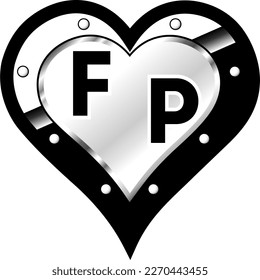 Black and white metallic heart with initial letters F and P, shiny vector illustration, amazing love, passion and happiness vector, illustration for valentine couple. God is good!