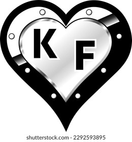 Black and white metallic heart with letters K and F, shiny vector illustration, amazing love, passion and happiness vector, illustration for valentine couple. God is good!