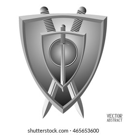 Black and White Metallic Shield with Swords. Element for Your Logo. Vector. 3d Illustration