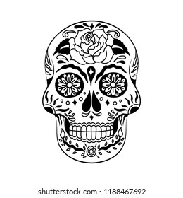 Black and White Mexican Floral Sugar Skull Vector Illustration Graphic for Day of the Dead, Dia de Muertos, and Halloween