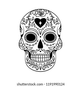 Black and White Mexican Floral Sugar Skull Vector Illustration Graphic for Day of the Dead, Dia de Muertos, and Halloween