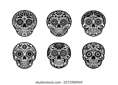 Black and White Mexican Floral Sugar Skull Vector Illustration