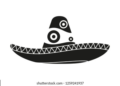 Black and white mexican hat silhouette. Fiesta carnival clothing. Mexico theme vector illustration for icon, stamp, label, badge, certificate, leaflet, poster, brochure or banner decoration