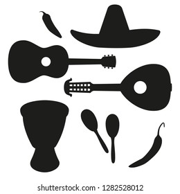 Black and white mexican music silhouette set. Fiesta carnival elements. Mexico theme vector illustration for icon, stamp, label, badge, certificate, leaflet, brochure or banner decoration