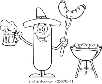 Black And White Mexican Sausage Cartoon Character Holding A Beer And Weenie Next To BBQ. Vector Illustration Isolated On White