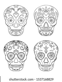 Black and white Mexican  sugar skull coloring page line art set