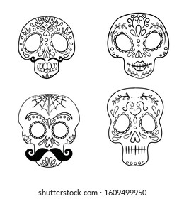 Black and white Mexican sugar skull coloring page line art set