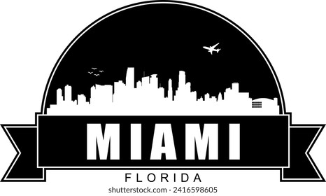 Black and white Miami Florida city buildings skyline negative air space silhouette dome shaped emblem with scroll banner below and name text inside. Vector eps graphic design.