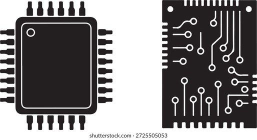 Black and white of microchip and circuit board electronic components pins