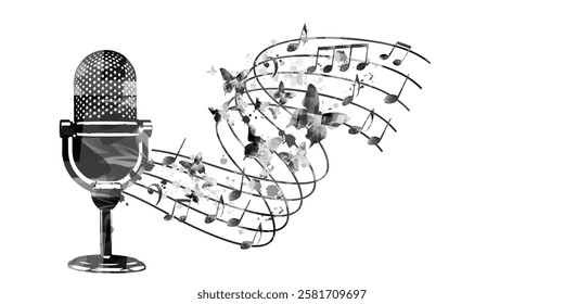 Black and white microphone design with butterflies and music notes