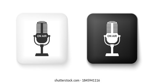 Black and white Microphone icon isolated on white background. On air radio mic microphone. Speaker sign. Square button. Vector.