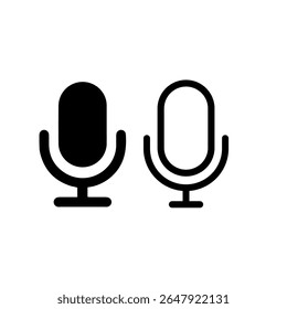 Black and white microphone icon set in solid and outline styles. Ideal for audio, podcast, music, or media designs.