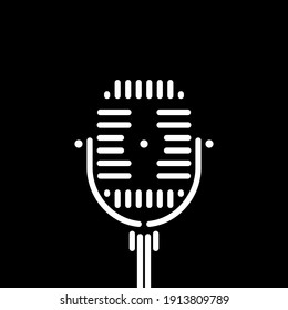 Blanco y negro. Micrófono. Micrófono blanco sobre fondo negro. Micrófono antiguo. Minimalismo. Ilustración vectorial.