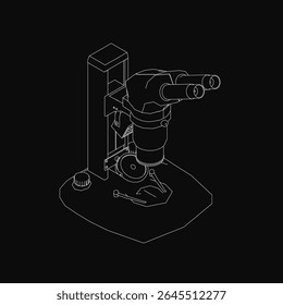 Black and white microscope illustration with monochrome style, set against a stark black background. The detailed drawing highlights the scientific instrument's structure and lenses.