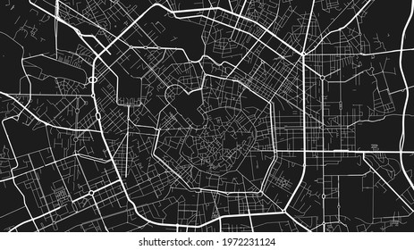 Black and white Milan city area vector background map, streets and water cartography illustration. Widescreen proportion, digital flat design streetmap.