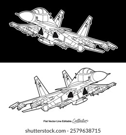 Black and white military aircraft, flat vector illustration