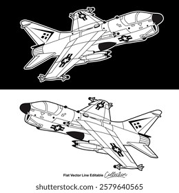 Black and white military aircraft, flat vector illustration