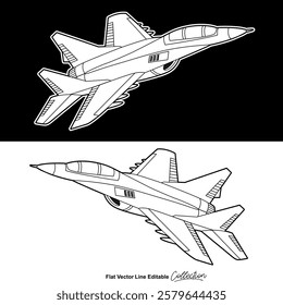 Black and white military aircraft, flat vector illustration