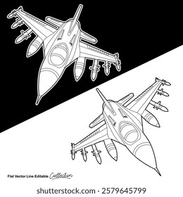 Black and white military aircraft, flat vector illustration