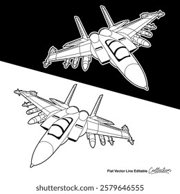 Black and white military aircraft, flat vector illustration