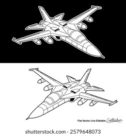 Black and white military aircraft, flat vector illustration