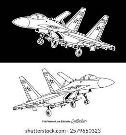 Black and white military aircraft, flat vector illustration