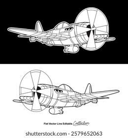 Black and white military aircraft, flat vector illustration