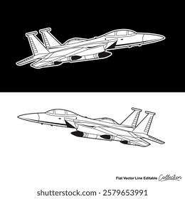 Black and white military aircraft, flat vector illustration