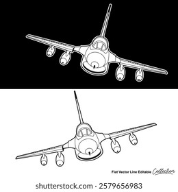 Black and white military aircraft, flat vector illustration