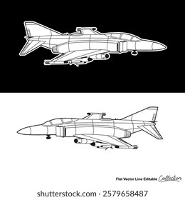 Black and white military aircraft, flat vector illustration