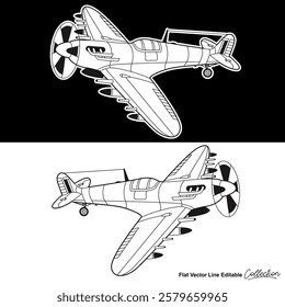 Black and white military aircraft, flat vector illustration