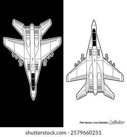 Black and white military aircraft, flat vector illustration