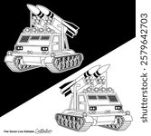 Black and white military battle tank, flat vector illustration