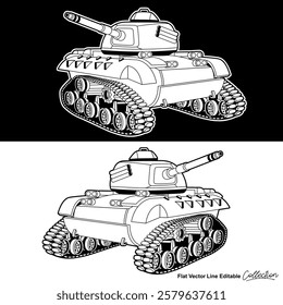 Black and white military battle tank, flat vector illustration