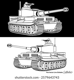 Black and white military battle tank, flat vector illustration