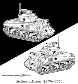 Black and white military battle tank, flat vector illustration