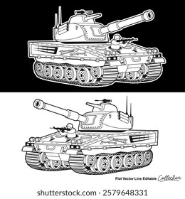 Black and white military battle tank, flat vector illustration