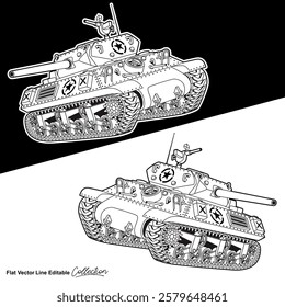 Black and white military battle tank, flat vector illustration