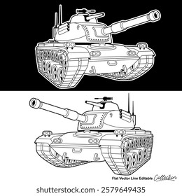 Black and white military battle tank, flat vector illustration