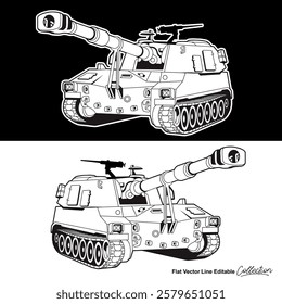 Black and white military battle tank, flat vector illustration