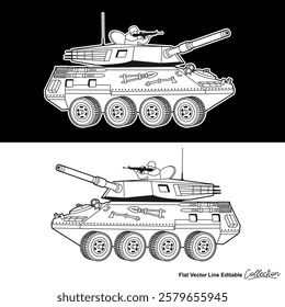 Black and white military battle tank, flat vector illustration