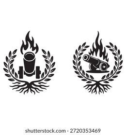 Black and White Military Emblems with Flames and Laurel Wreaths