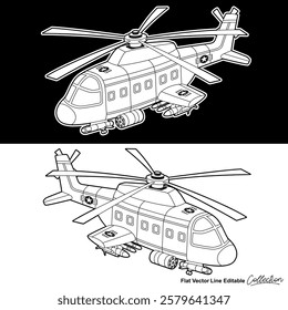 Black and white military helicopter, flat vector illustration