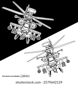 Black and white military helicopter, flat vector illustration