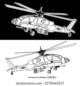 Black and white military helicopter, flat vector illustration