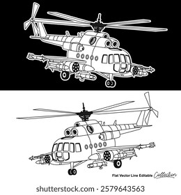 Black and white military helicopter, flat vector illustration