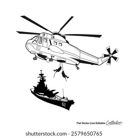 Black and white military helicopter, flat vector illustration