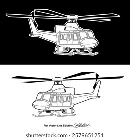 Black and white military helicopter, flat vector illustration