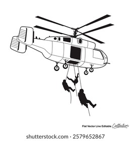 Black and white military helicopter, flat vector illustration